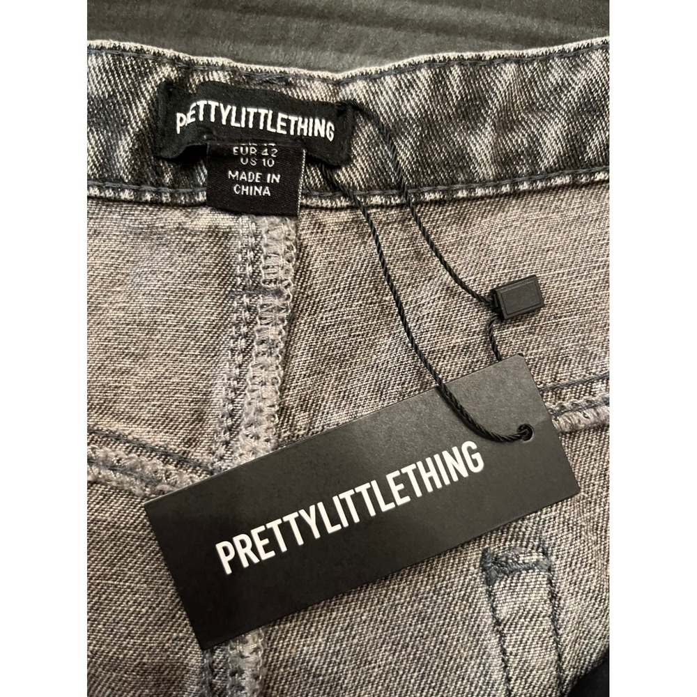 Pretty Little Thing Washed Black Denim Wide Leg Boyfriend Fit Cargo Jeans Sz 10 - Picture 11 of 16